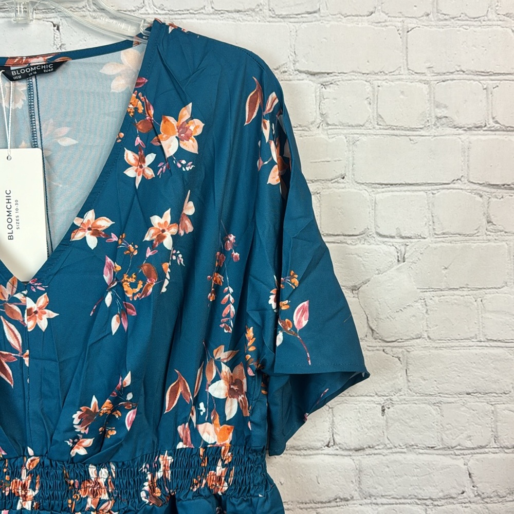 BloomChic Teal Floral V Neck Flutter Sleeve Pocket Dress Plus Size 2X - Picture 3 of 6